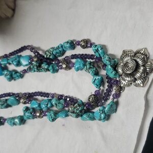 3 strand turquoise, amethyst and Tibet‎ silver flower necklace